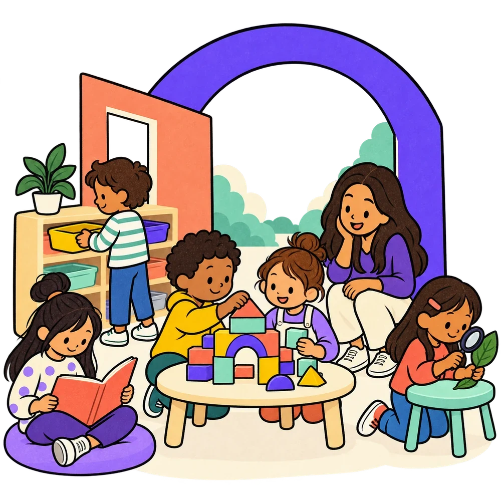 Docente y niños leyendo, construyendo y explorando en un aula por rincones.